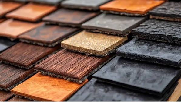 A display of various roofing material samples, including asphalt shingles, metal panels, tile, and wood shake, used to help homeowners choose the best option for their new roof.