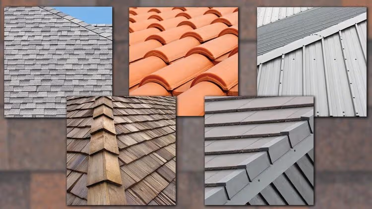 Alt text: Five different roofing materials displayed side by side, including asphalt shingles, metal, tile, slate, and wood shake.